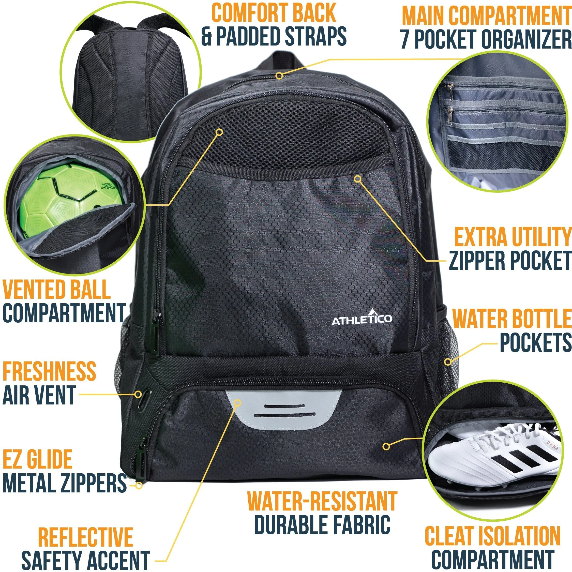 Athletico Youth Soccer Bag - Soccer Backpack & Bags for Basketball, Volleyball & Football | Includes Separate Cleat and Ball Compartments (Black)
