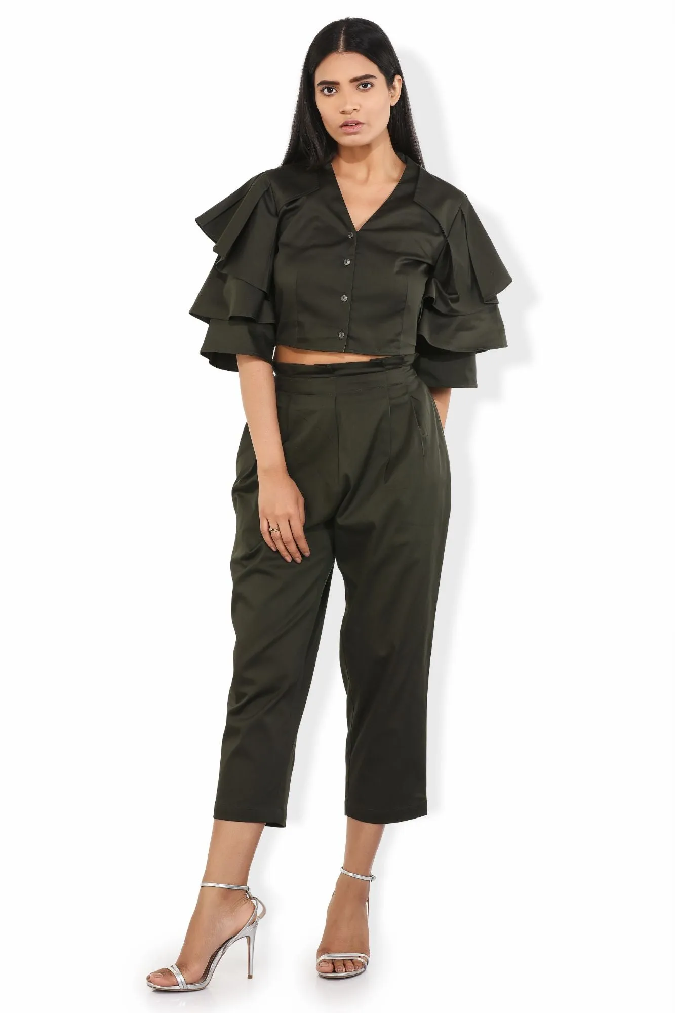 Fern Green Flouncy Ruffled Sleeves V Neck Crop Blouse