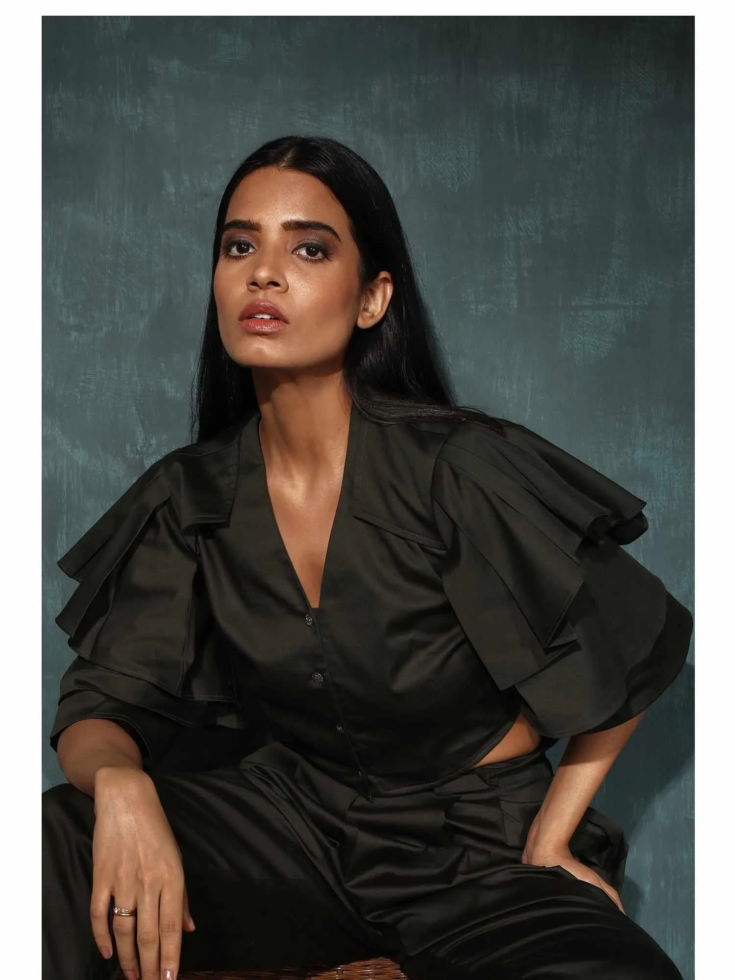 Fern Green Flouncy Ruffled Sleeves V Neck Crop Blouse