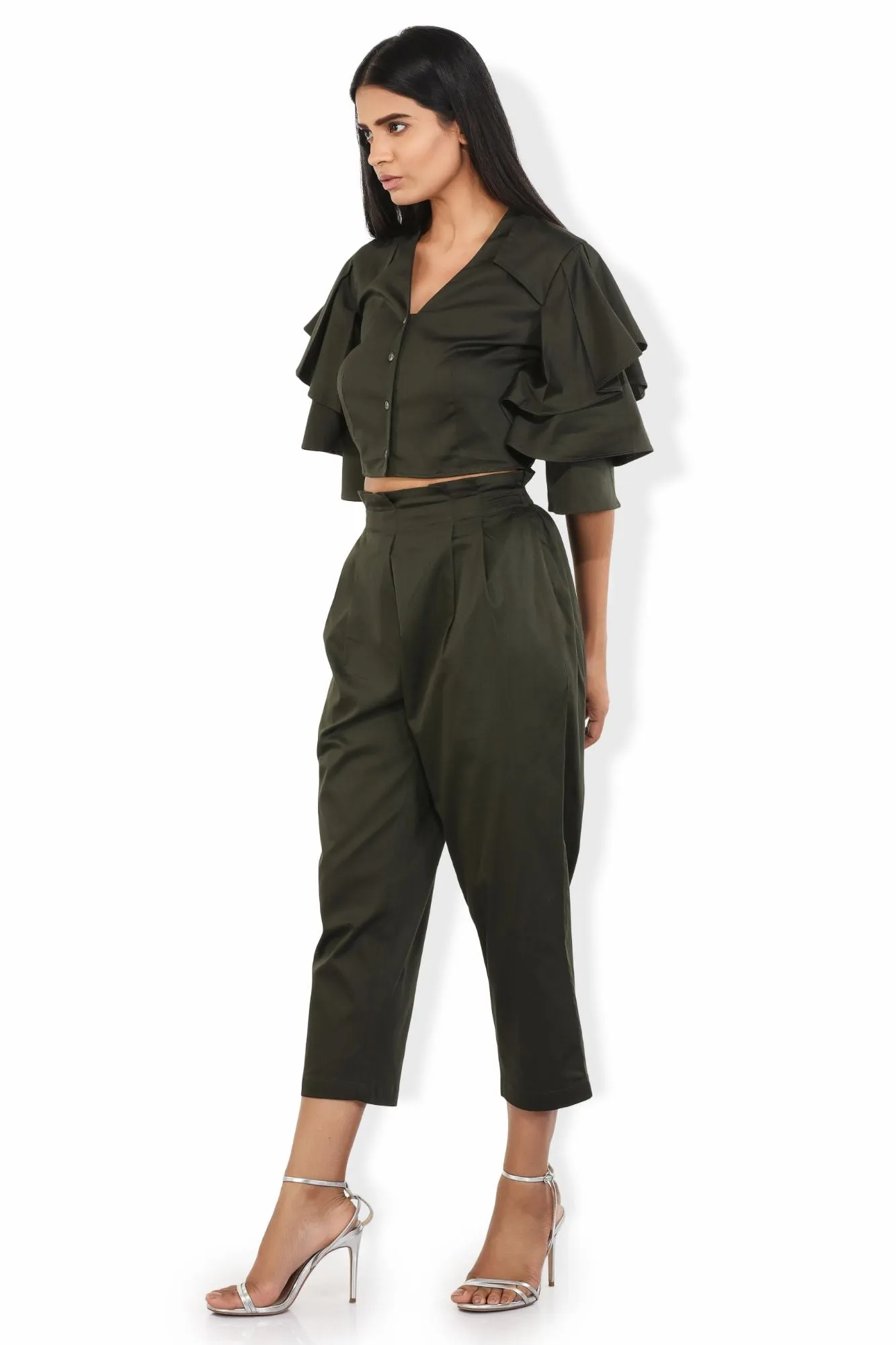 Fern Green Flouncy Ruffled Sleeves V Neck Crop Blouse