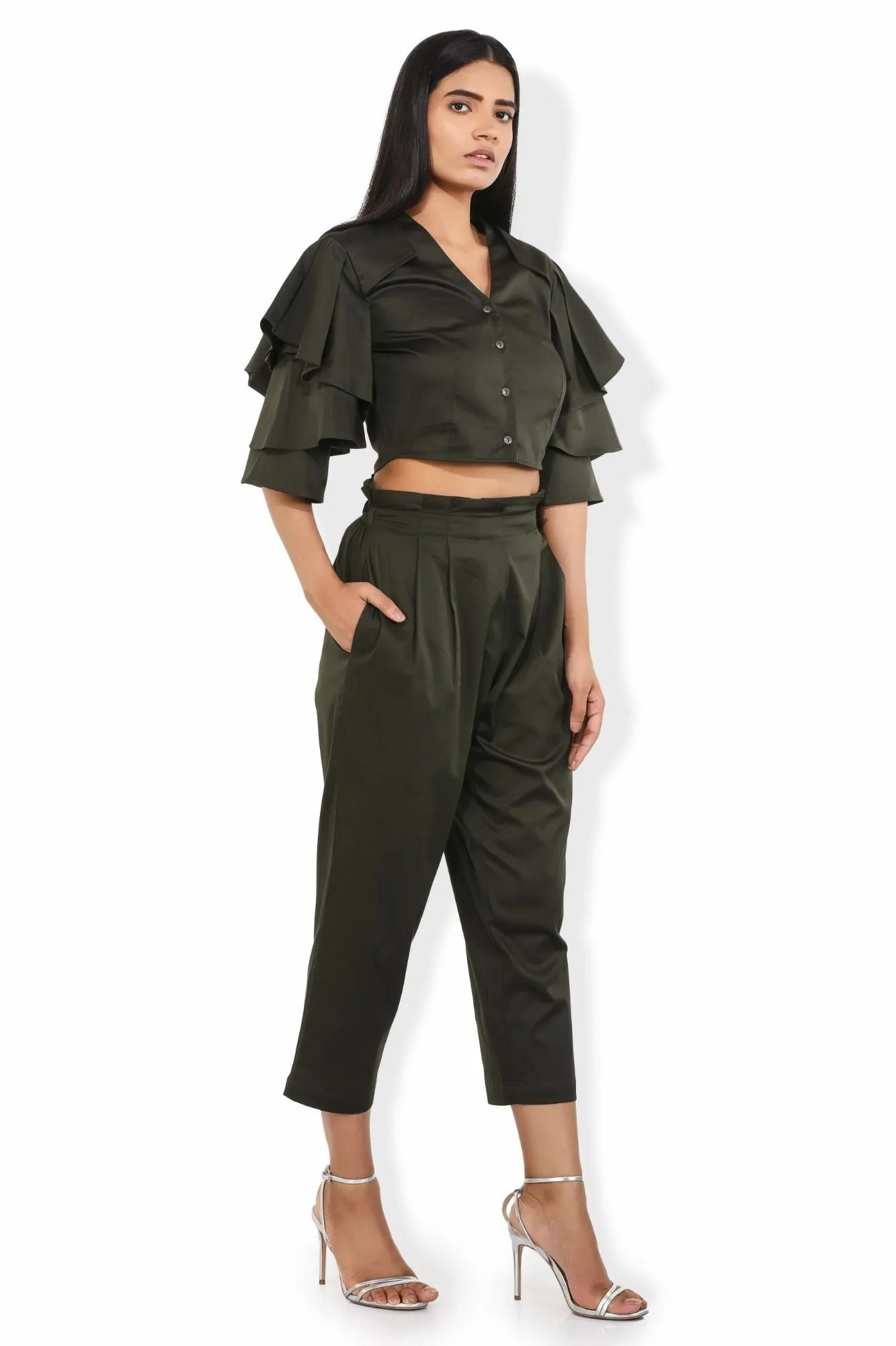 Fern Green Flouncy Ruffled Sleeves V Neck Crop Blouse