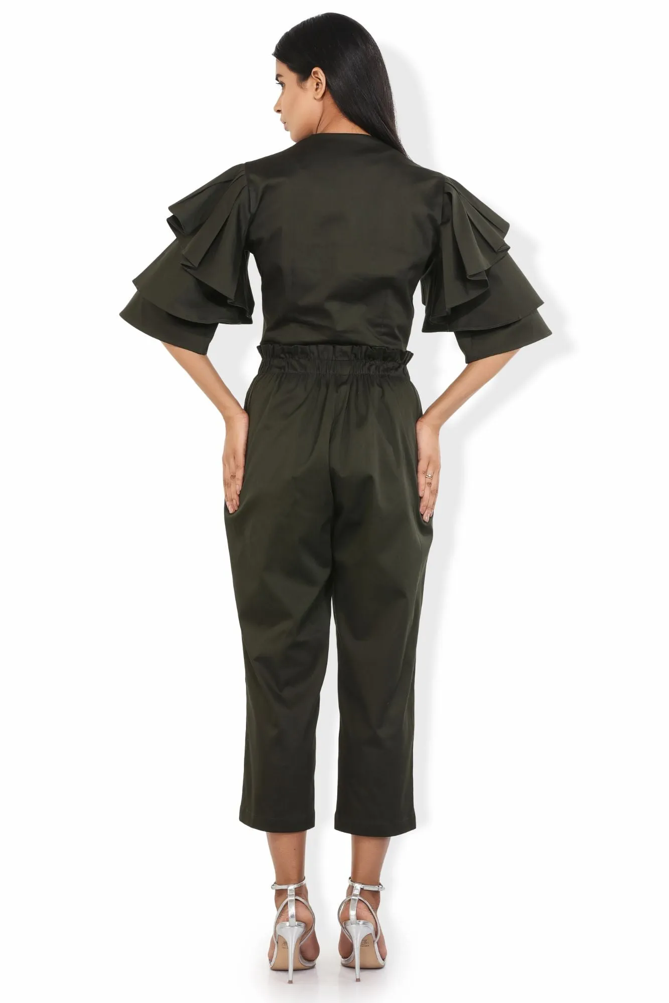 Fern Green Flouncy Ruffled Sleeves V Neck Crop Blouse
