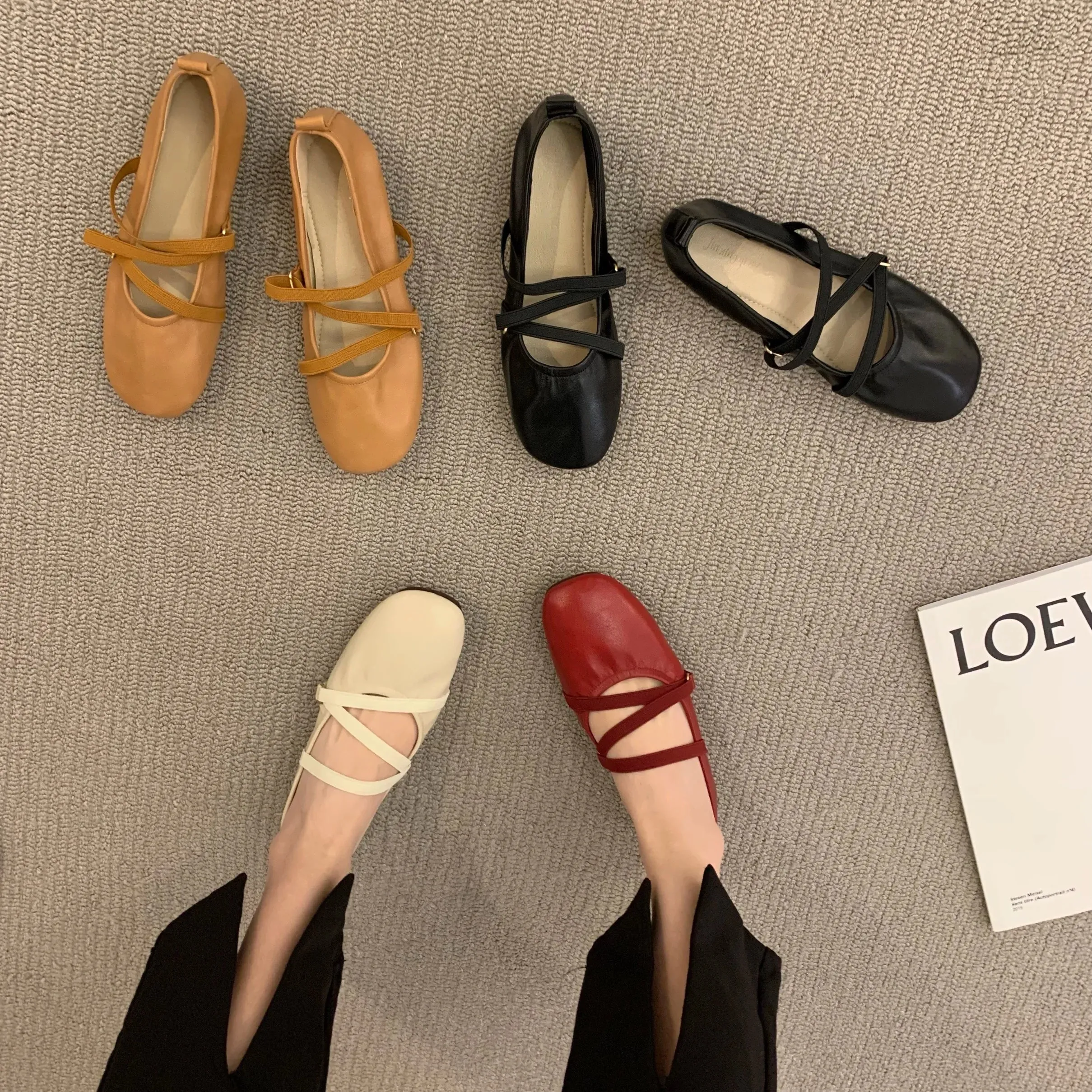 Hnzxzm Women Mary Janes Shoes Woman Square Toe Japanned Leather Flats Vintage Narrow Band Loafers