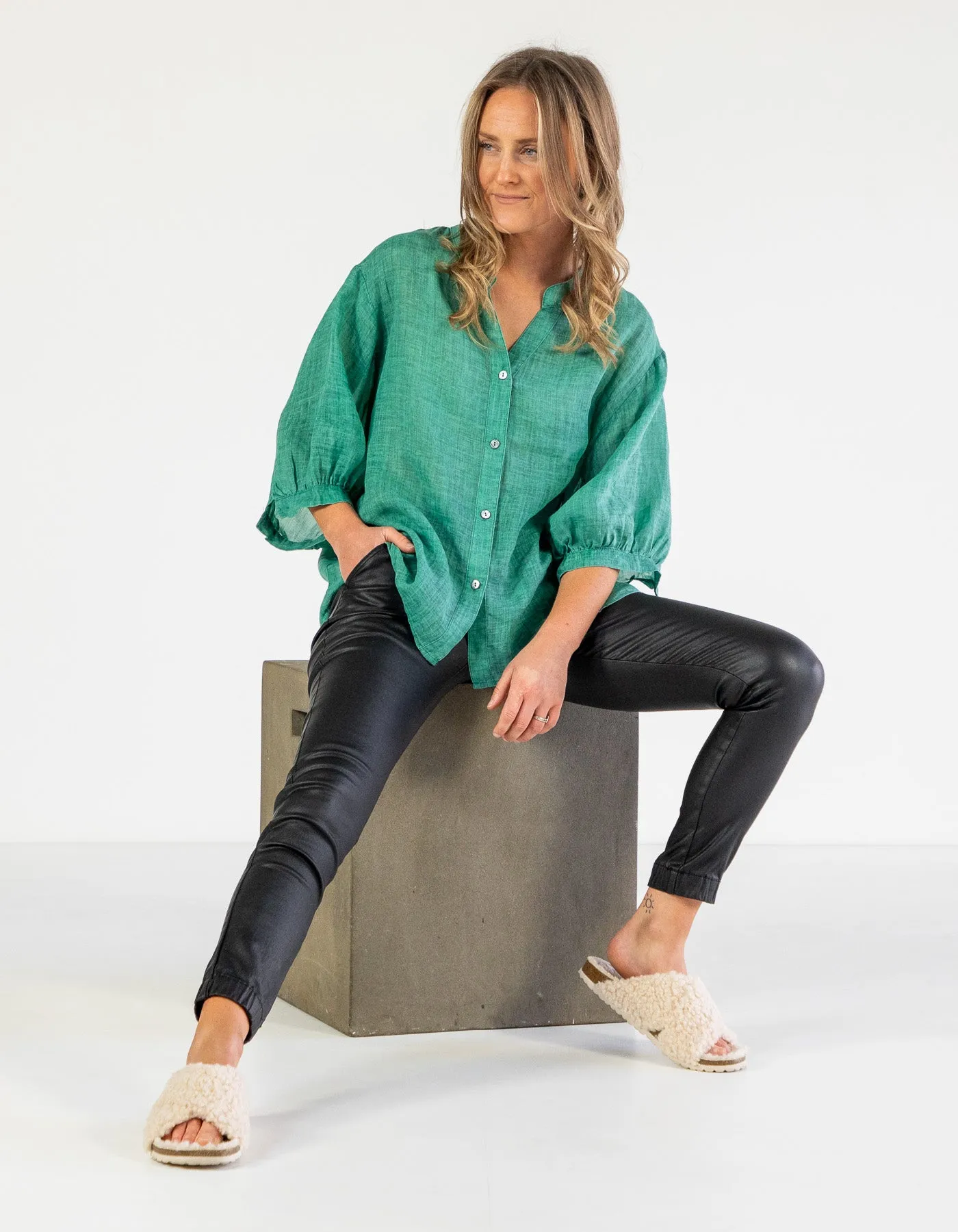River Button Down Collarless Sheer Linen Shirt in Emerald