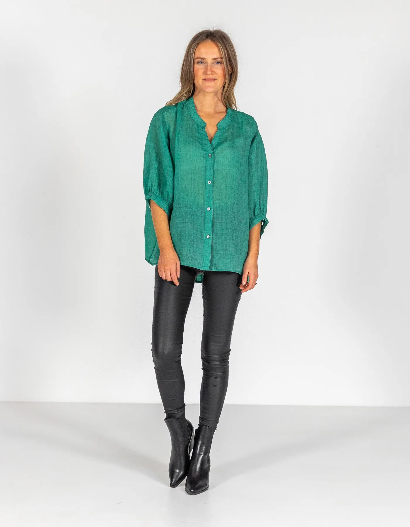 River Button Down Collarless Sheer Linen Shirt in Emerald
