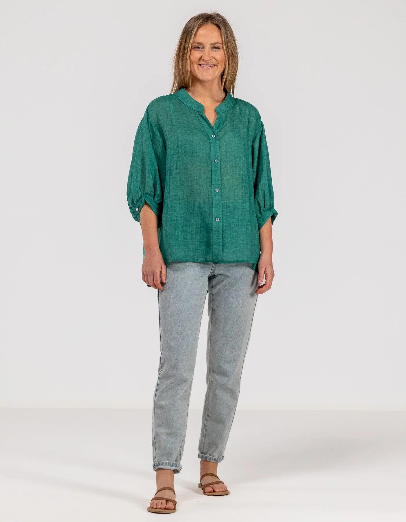 River Button Down Collarless Sheer Linen Shirt in Emerald