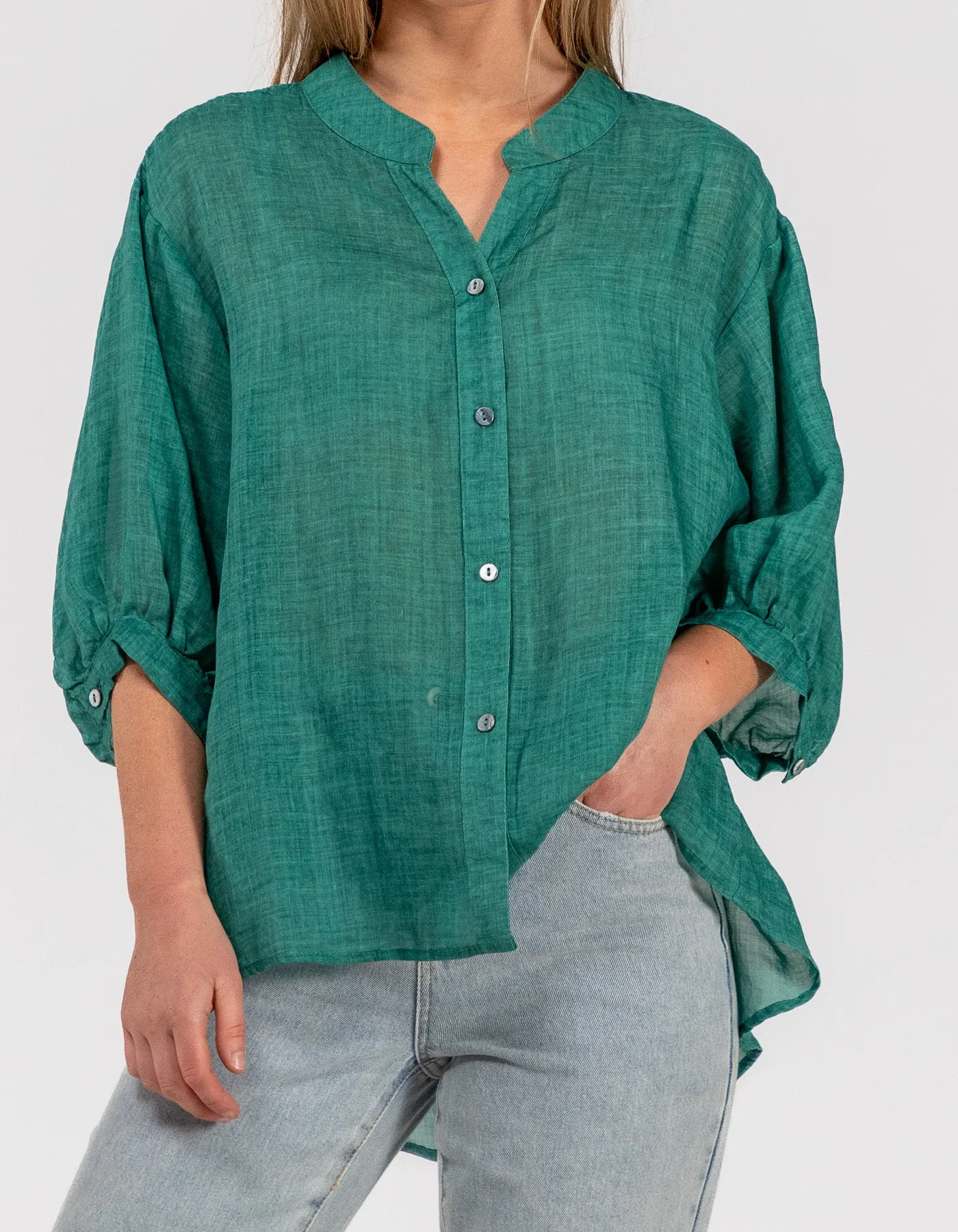 River Button Down Collarless Sheer Linen Shirt in Emerald