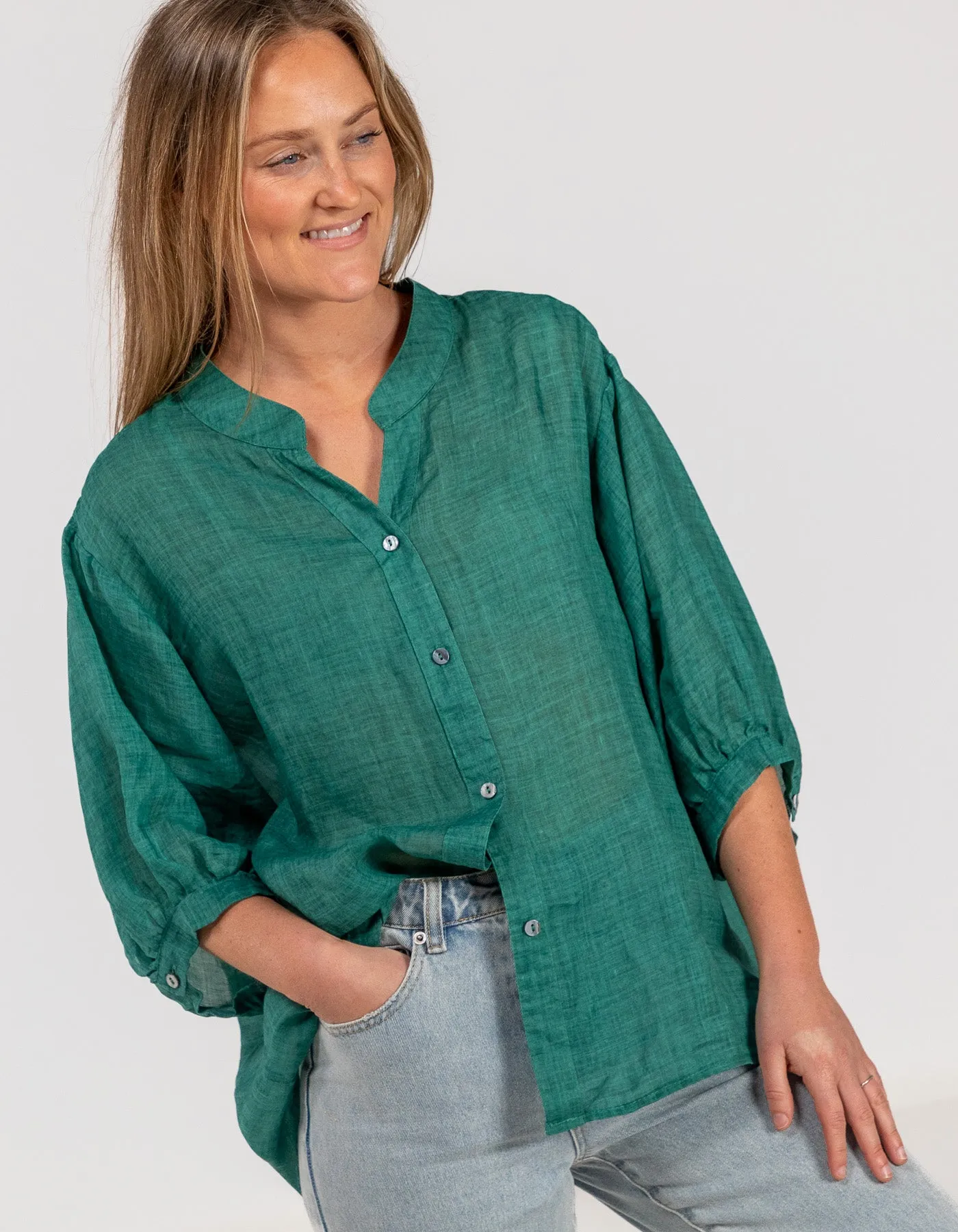 River Button Down Collarless Sheer Linen Shirt in Emerald