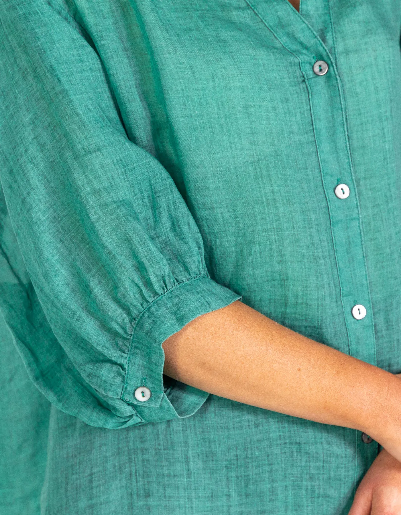 River Button Down Collarless Sheer Linen Shirt in Emerald