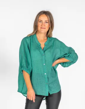 River Button Down Collarless Sheer Linen Shirt in Emerald