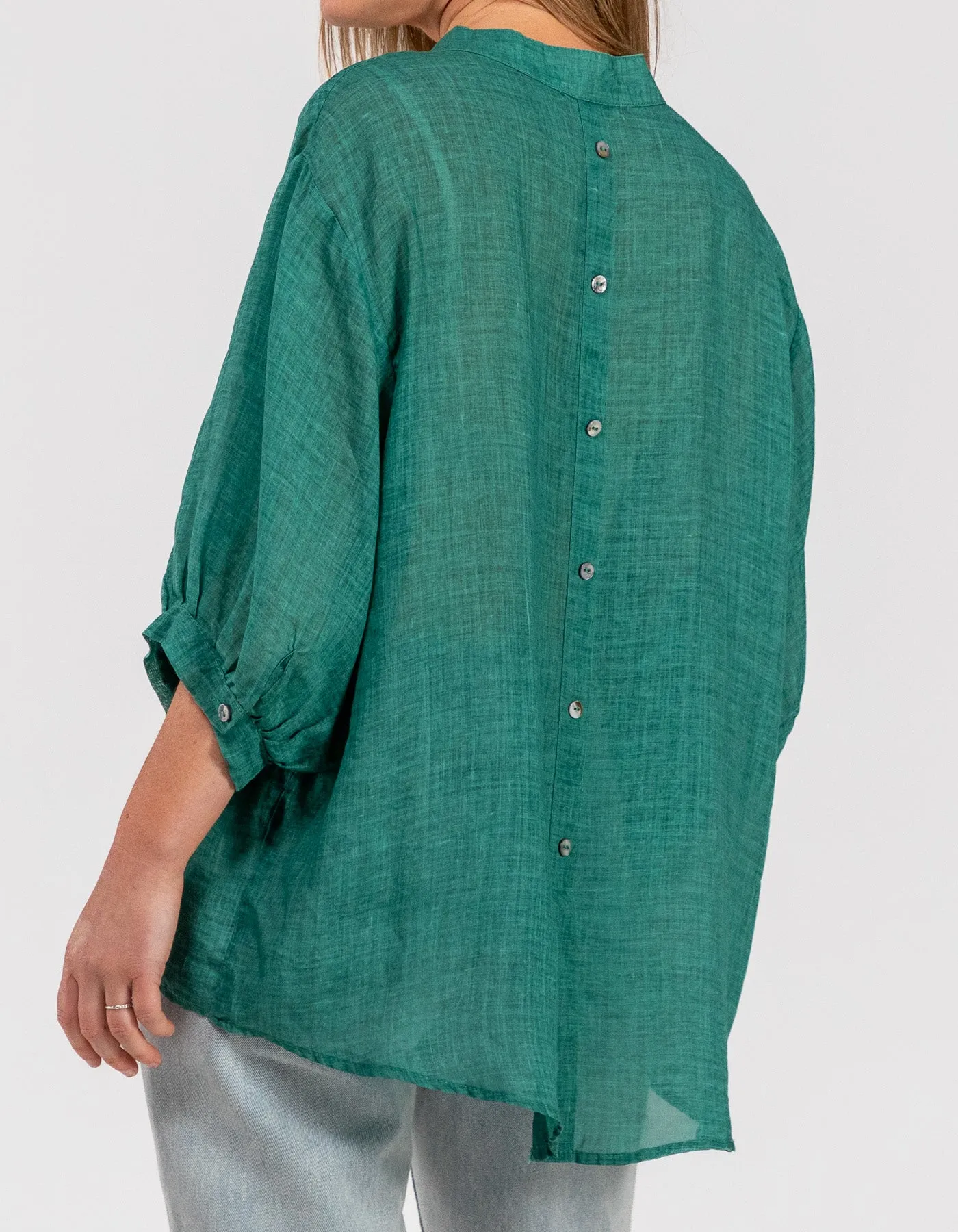 River Button Down Collarless Sheer Linen Shirt in Emerald