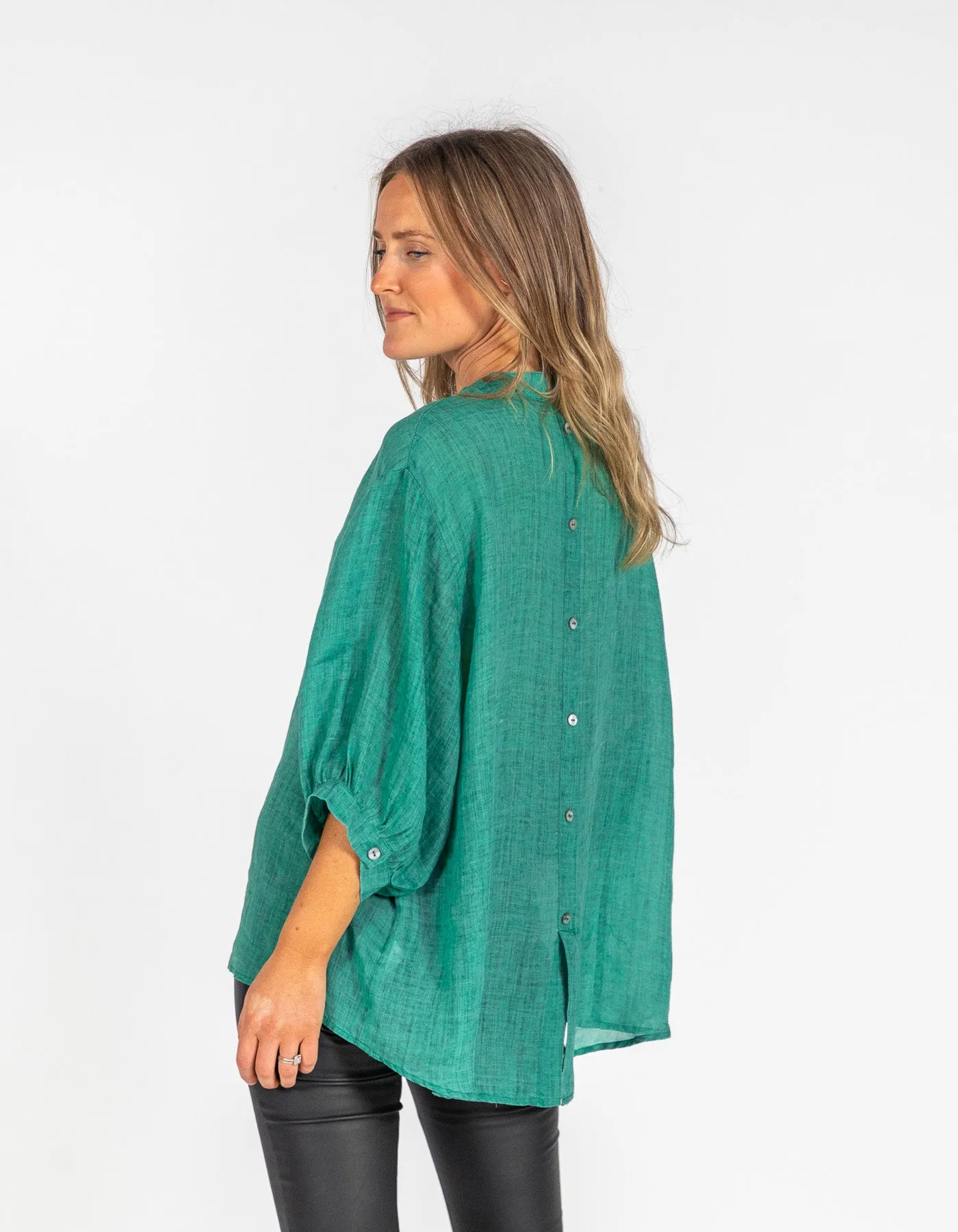 River Button Down Collarless Sheer Linen Shirt in Emerald