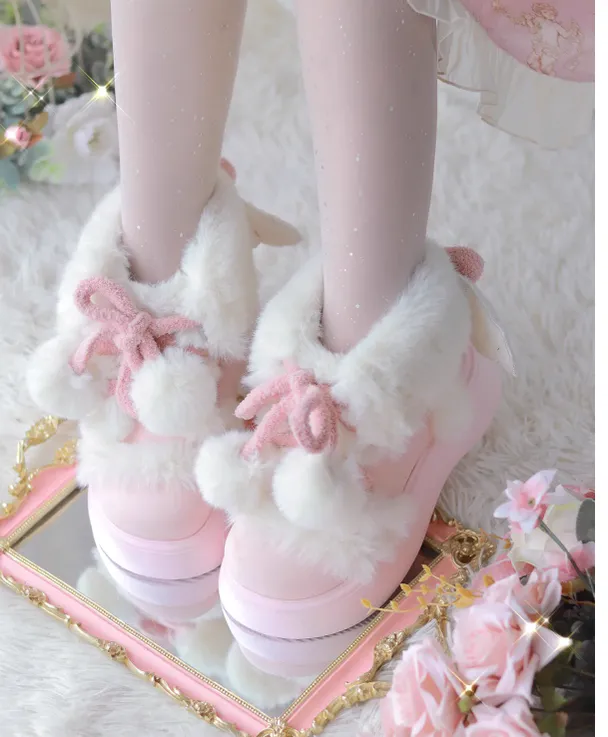 Sheep Puff~Fluffy Qubi~Winter Lolita Shoes Sweet Warm Snow Boots with Plush