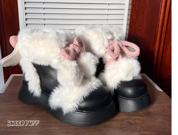 Sheep Puff~Fluffy Qubi~Winter Lolita Shoes Sweet Warm Snow Boots with Plush