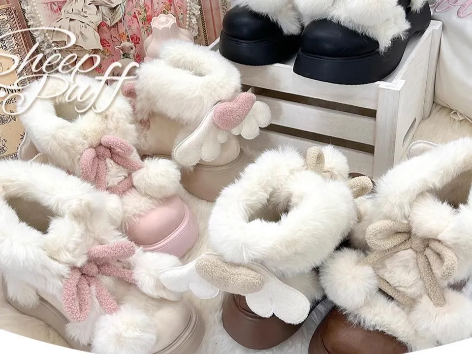 Sheep Puff~Fluffy Qubi~Winter Lolita Shoes Sweet Warm Snow Boots with Plush