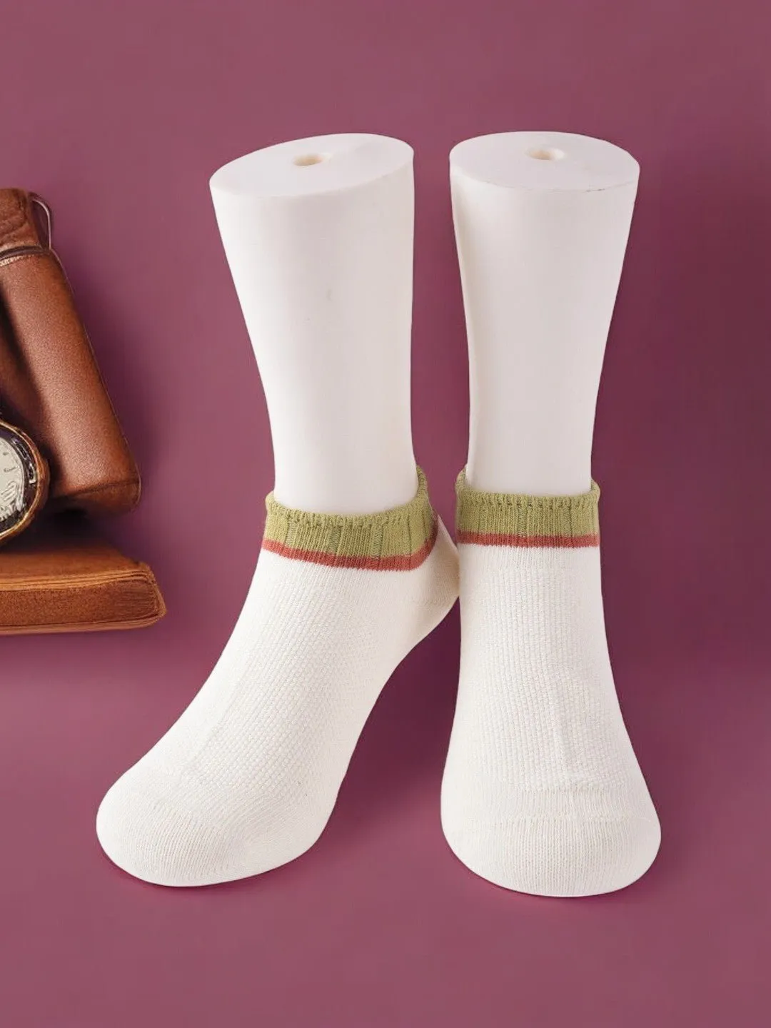 White Ankle Socks – Olive Green and Red Stripe Detail