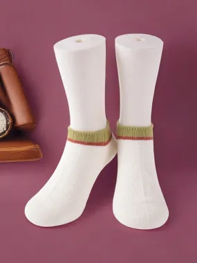 White Ankle Socks – Olive Green and Red Stripe Detail
