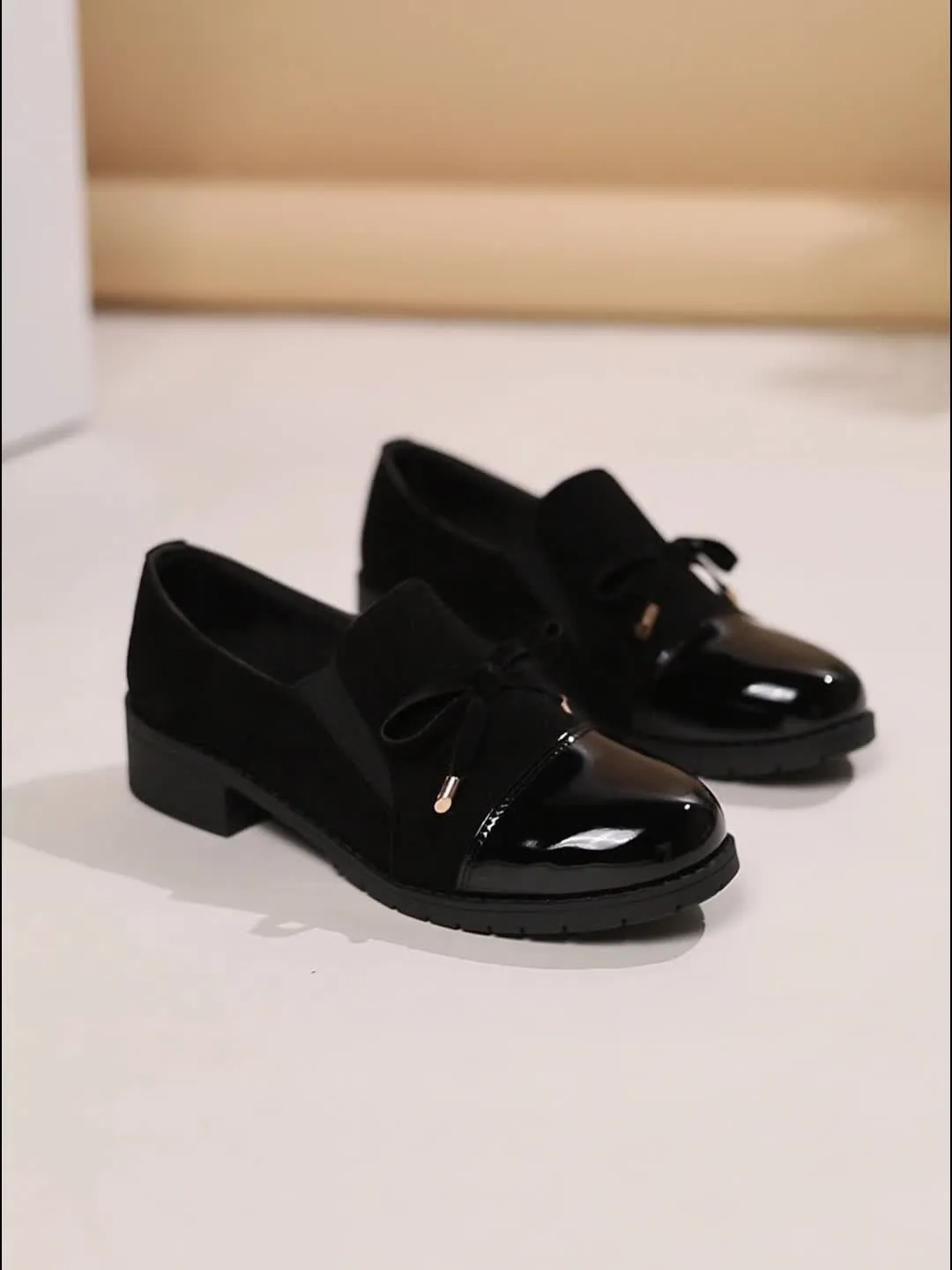 Women's Bowknot Decor Chunky Heel Loafers, Fashion Preppy Style Dress Shoes, Comfortable Slip On Shoes