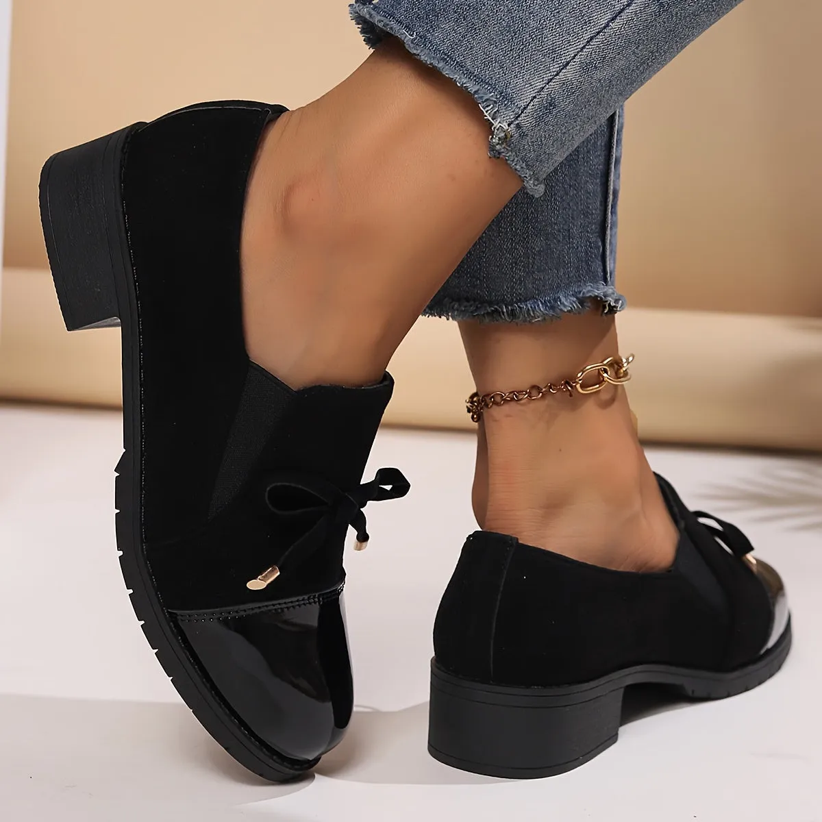 Women's Bowknot Decor Chunky Heel Loafers, Fashion Preppy Style Dress Shoes, Comfortable Slip On Shoes