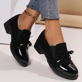 Women's Bowknot Decor Chunky Heel Loafers, Fashion Preppy Style Dress Shoes, Comfortable Slip On Shoes